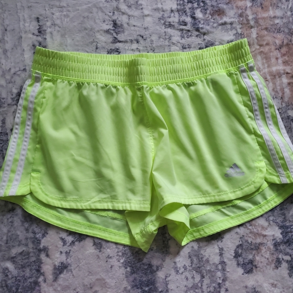 Adidas Women's Neon Yellow Athletic Gym Shorts Climalite Sz Medium White Stripes